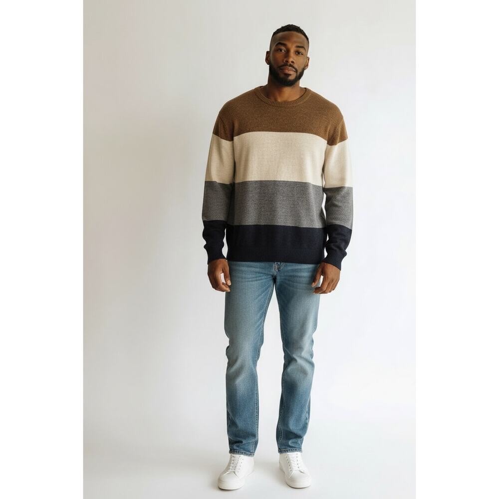 J.Crew Colorblock Sweater Medium Brown Cream Gray Navy Wool Blend Pullover - Picture 1 of 7